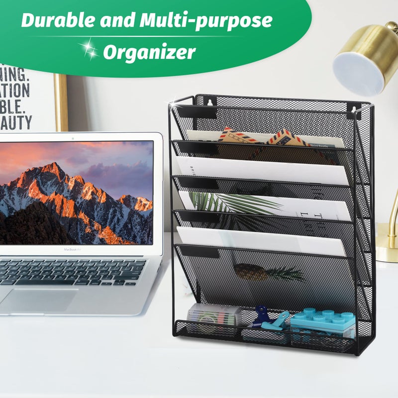 EASEPRES Desk File Organizer Mesh 6-Tier, Hanging Wall Mount Document Organization Stand, Desktop Vertical Mail Paper Folder Holder Rack with Bottom Tray for Office Home Cubicle Countertop, Black - Image 2